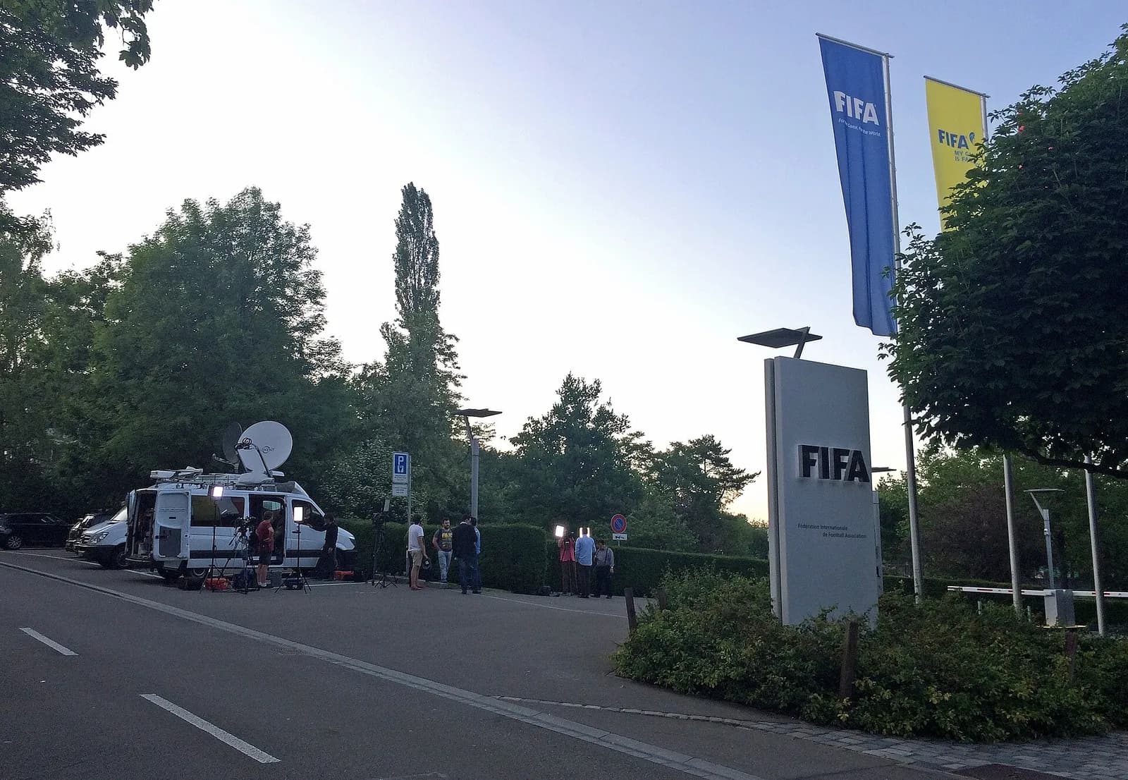 Media gather outside FIFA headquarters in Zurich.