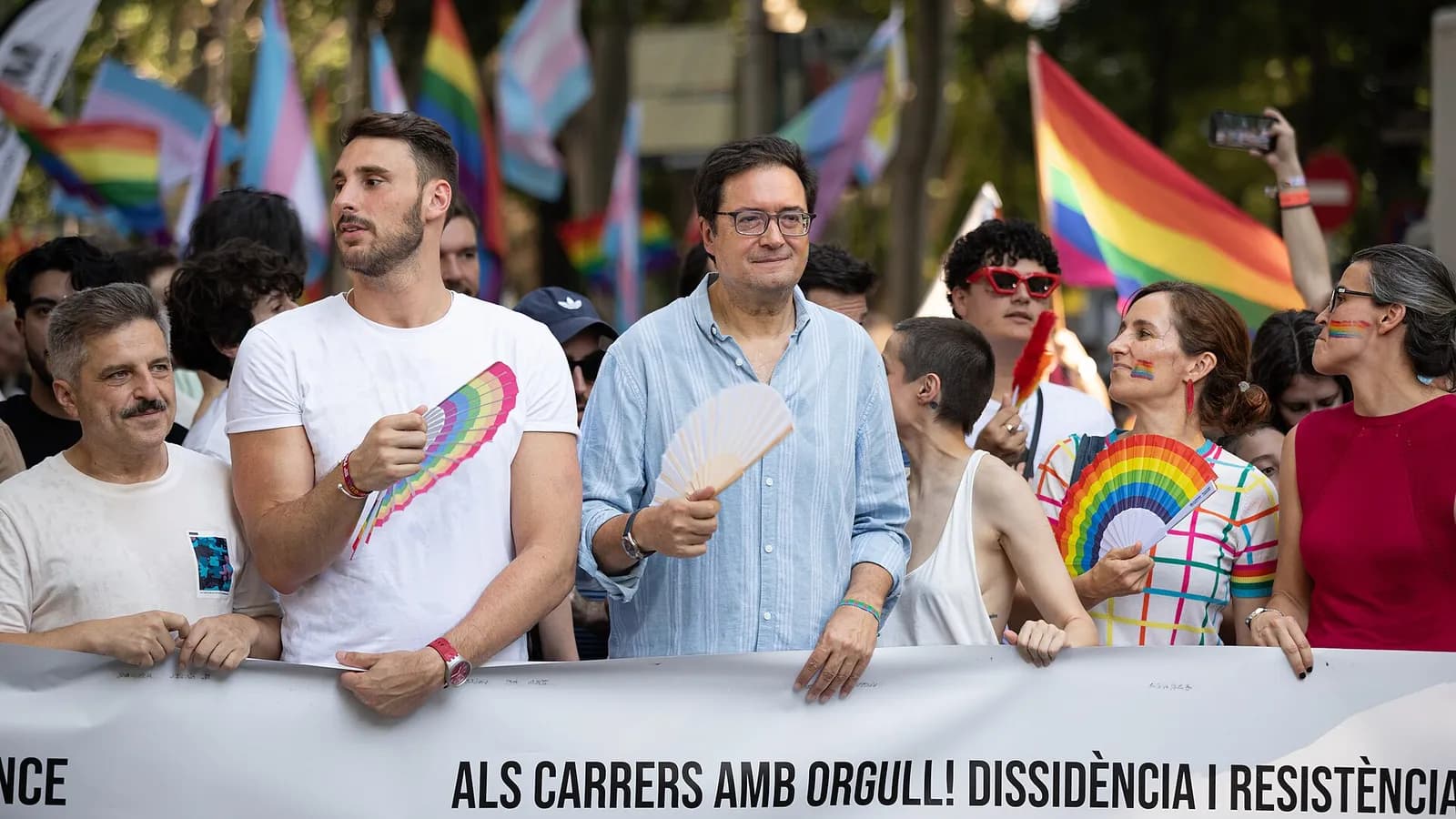 Spain's Digital Transformation Minister Óscar López marching with other officials at Madrid's 2026 Pride parade.