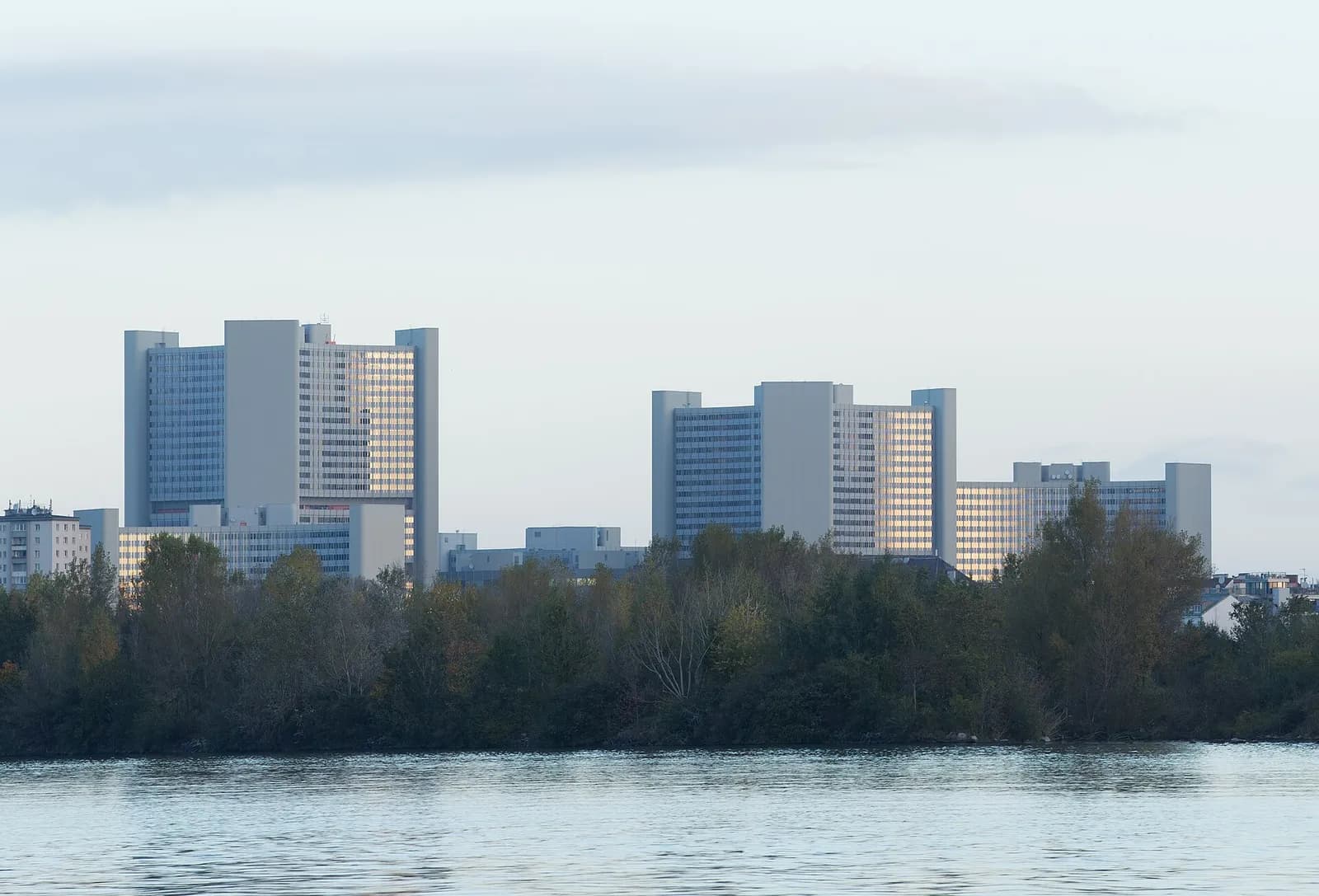 The Vienna International Center viewed across the Danube from Handelskai.