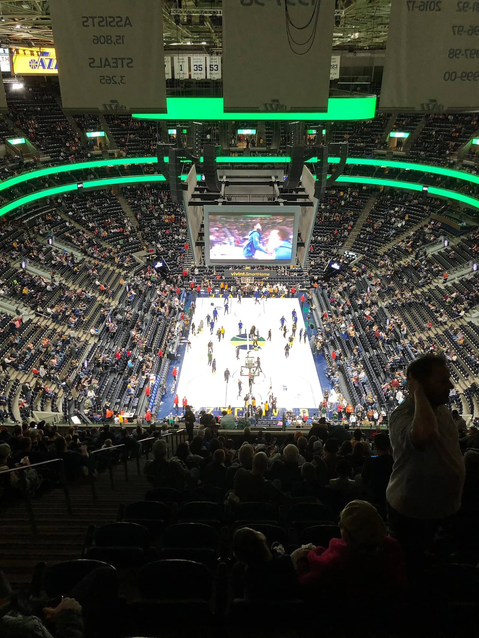 Interior of the Utah Jazz’s arena in Salt Lake City, with the basketball court and seating visible.