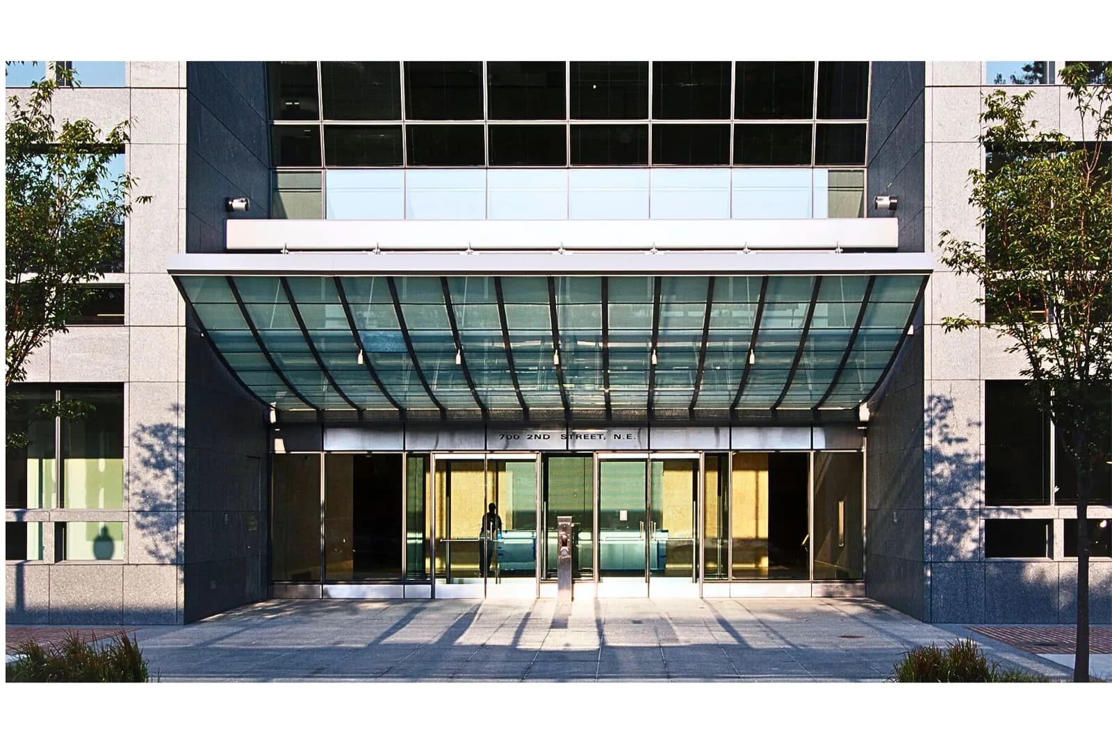 Back entrance and glass canopy of the U.S. Securities and Exchange Commission headquarters in Washington, D.C.