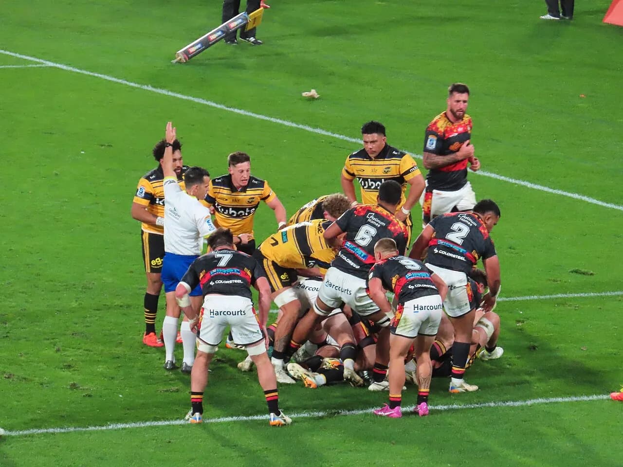 Rugby players at the 2026 Super Rugby Pacific final in Wellington