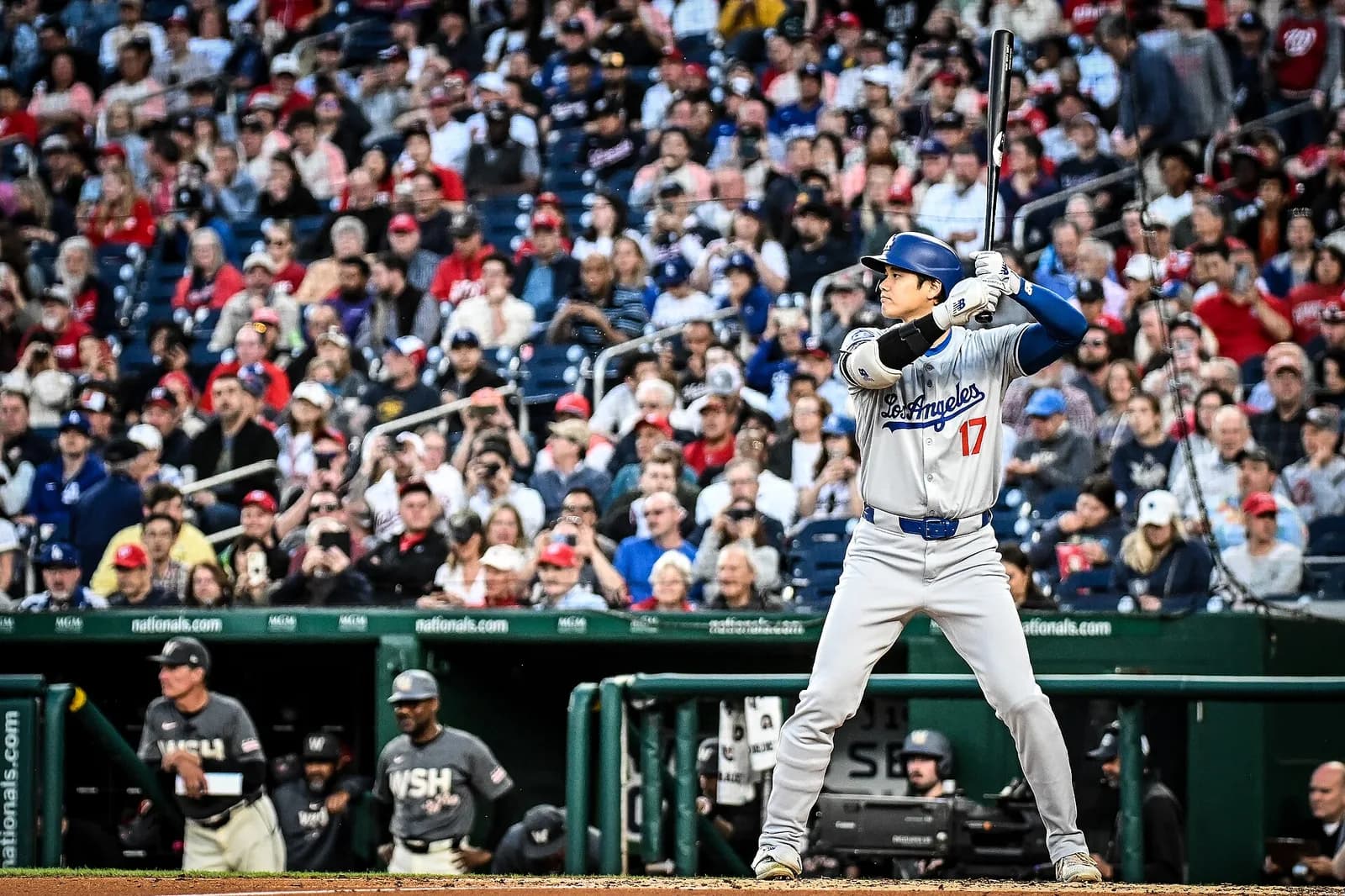 Shohei Ohtani in a Dodgers uniform waits at bat during a game at Nationals Park.