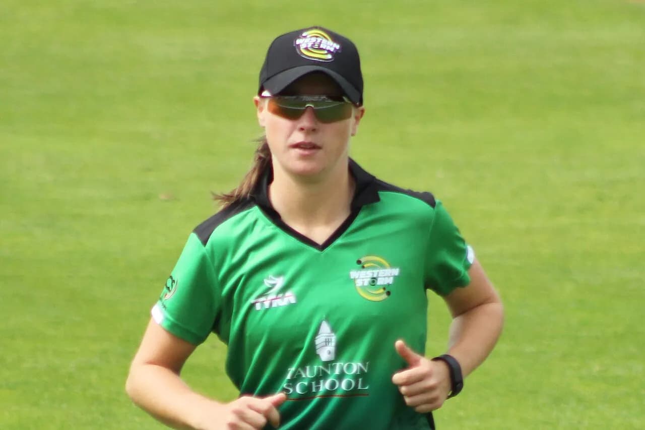 Sophie Luff on a cricket field in an archival photograph
