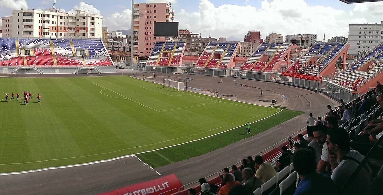 View inside Loro Boriçi Stadium in Shkodër during a football match in 2016