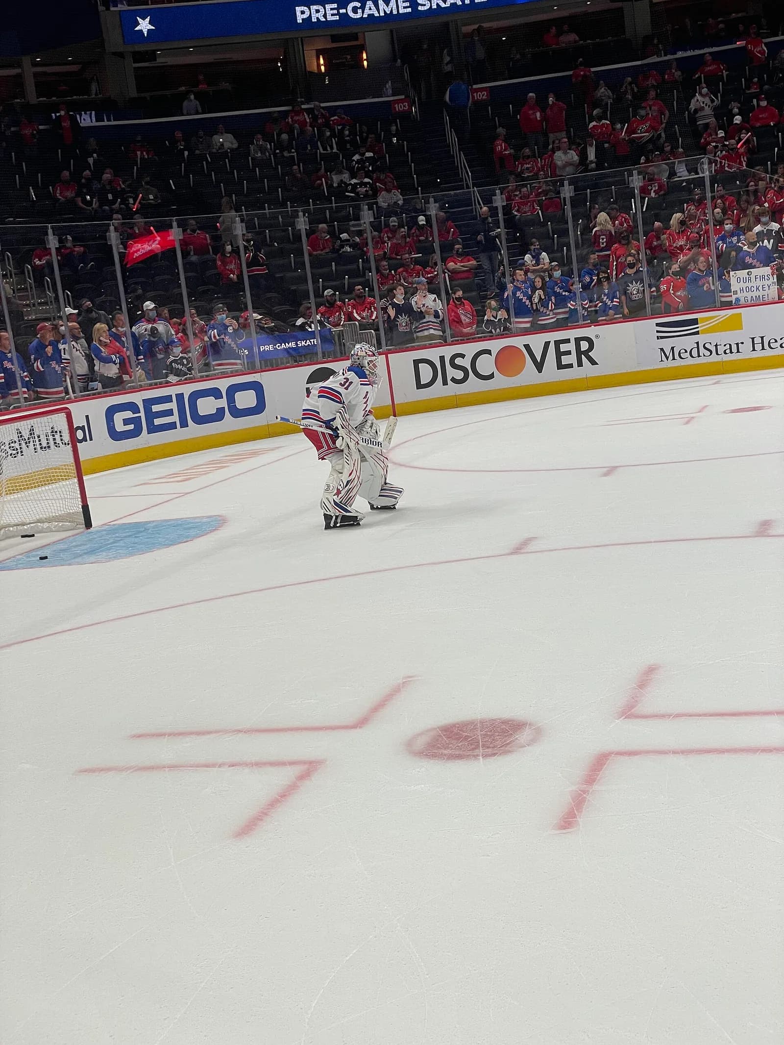 Igor Shesterkin warming up in New York Rangers gear before a game