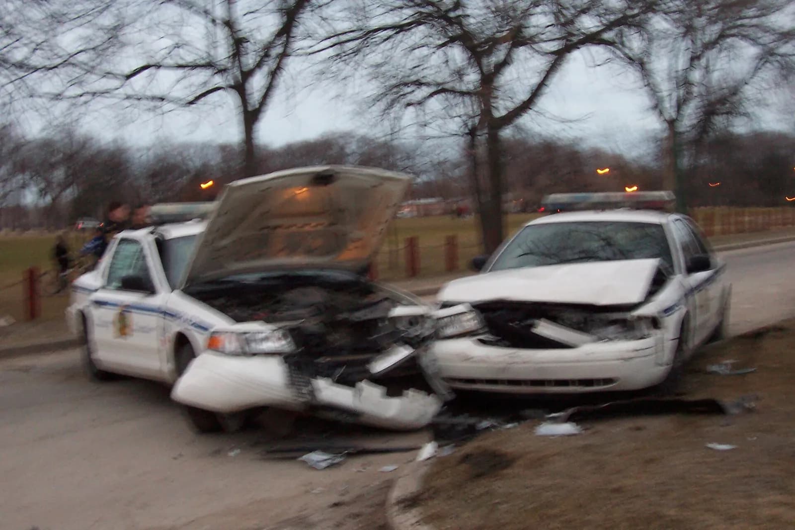 Two damaged Winnipeg police cruisers after a high-speed pursuit.
