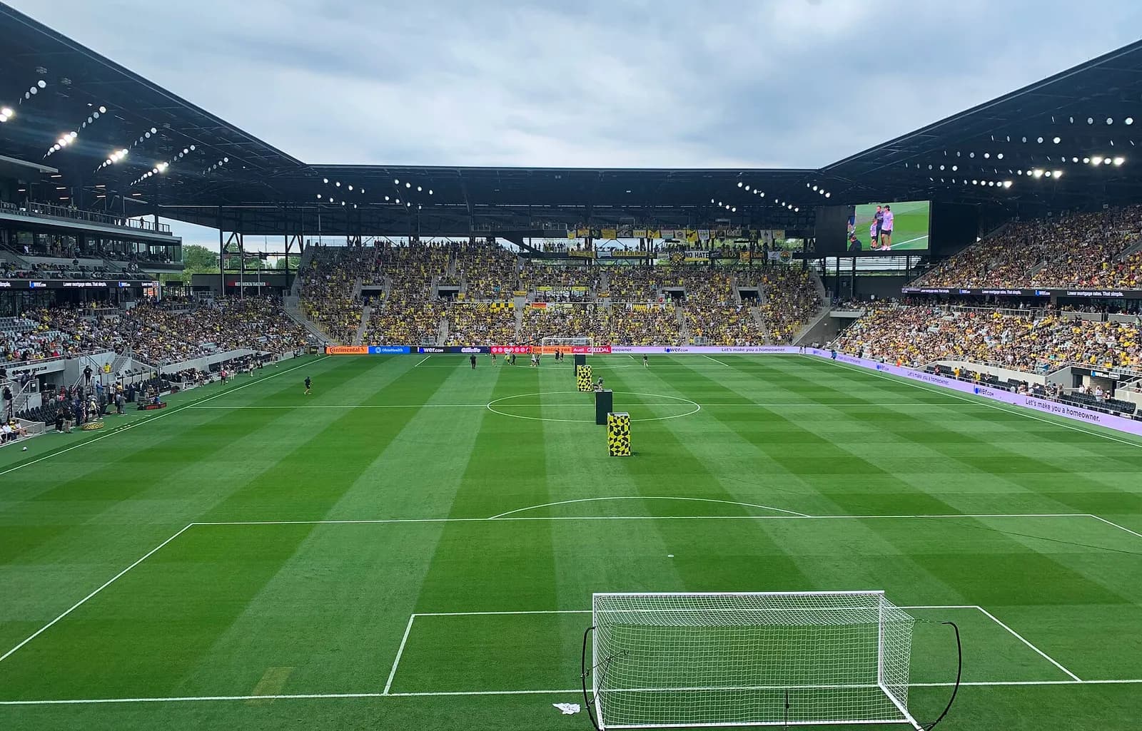 View of the soccer pitch and stands at Lower.com Field during a match.