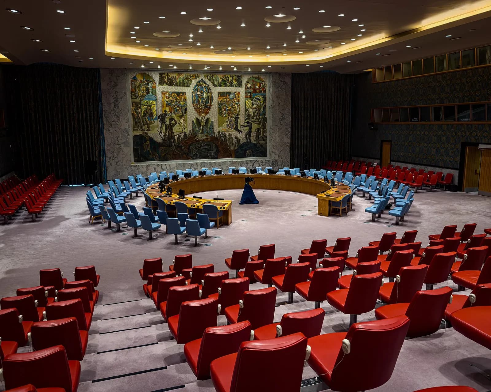 The empty United Nations Security Council chamber at UN Headquarters in New York.