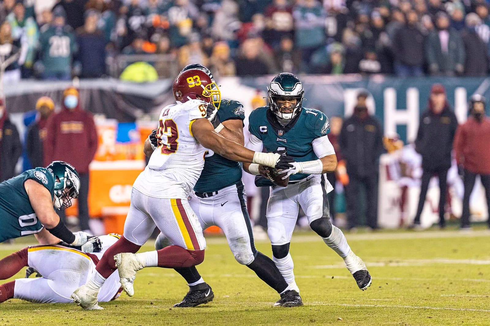 Jalen Hurts of the Philadelphia Eagles playing against Washington in 2021.