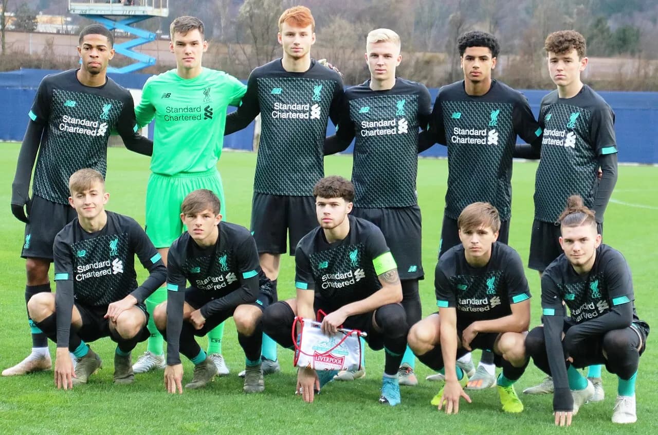 Liverpool under-19 players pose for a team photograph, with Neco Williams in the bottom row.
