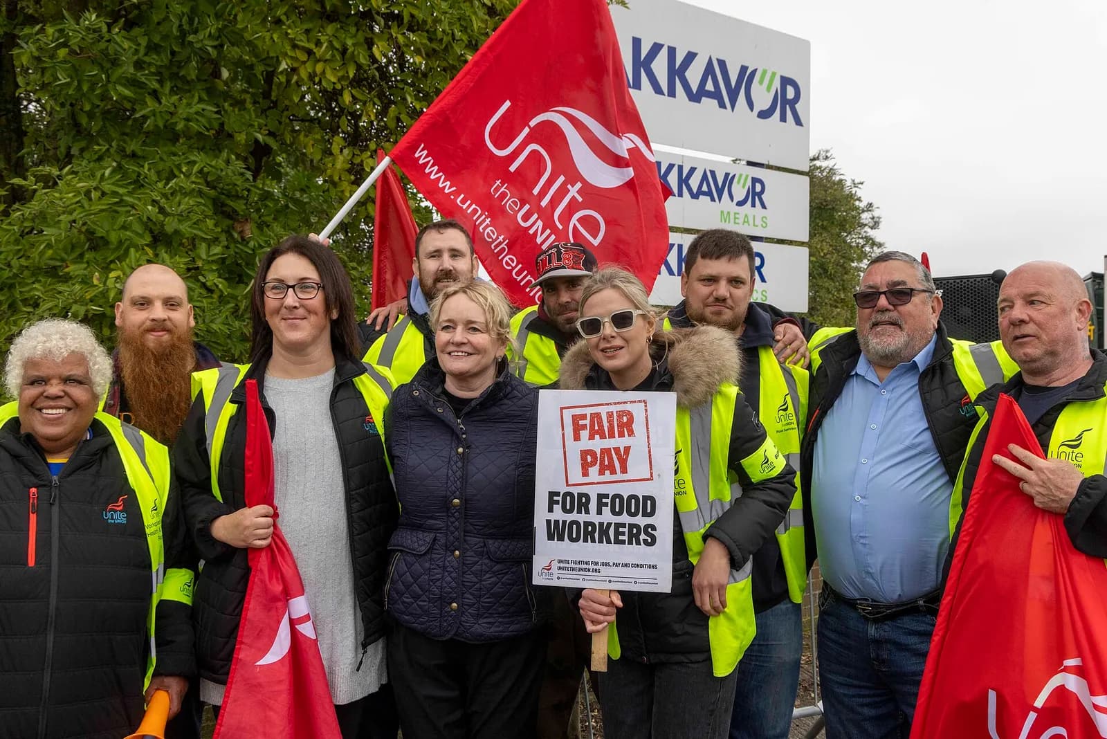 Sharon Graham on a picket line with Bakkavor workers in 2024