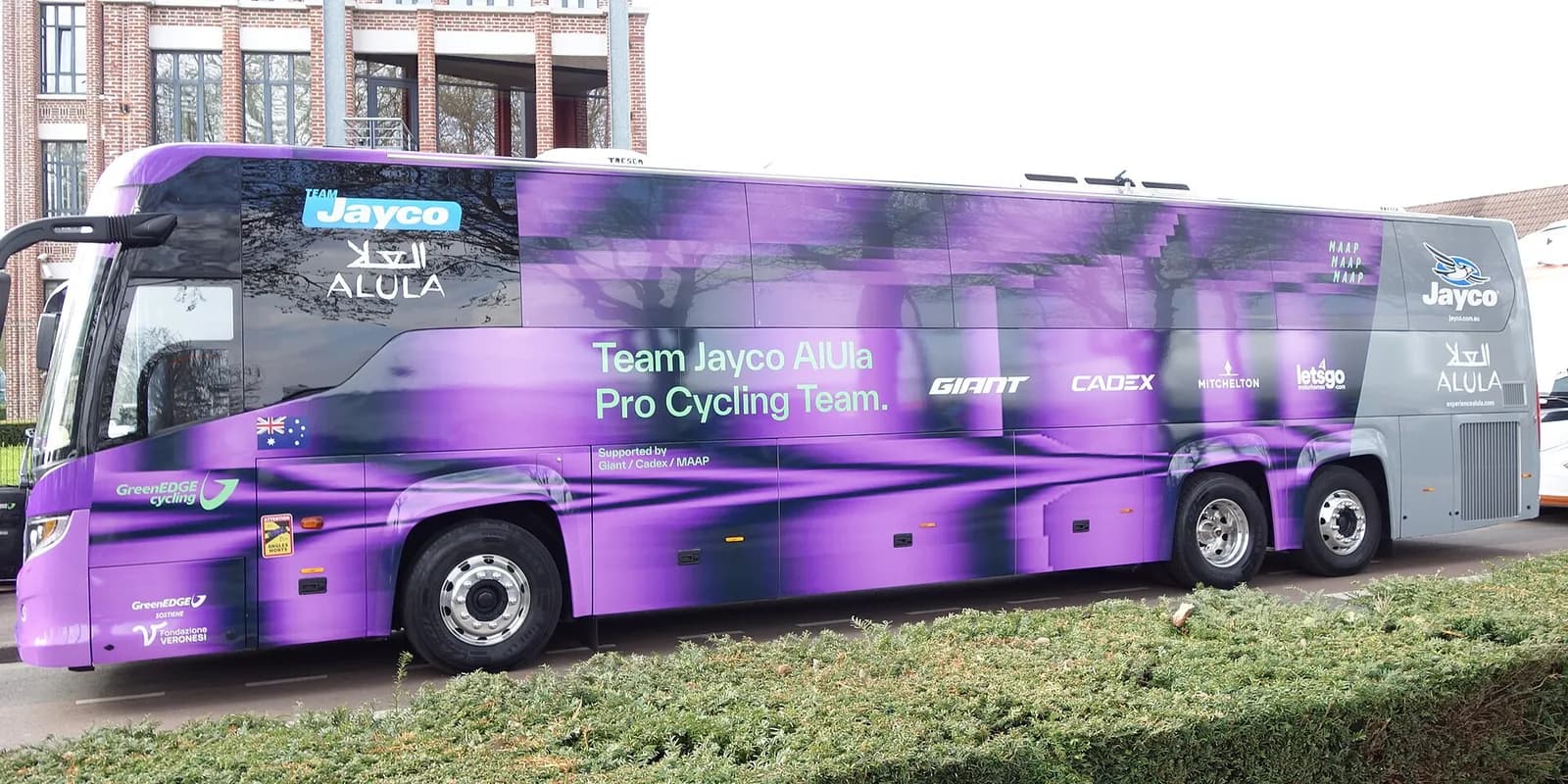 Jayco AlUla team bus after the finish of Paris-Roubaix in 2025.