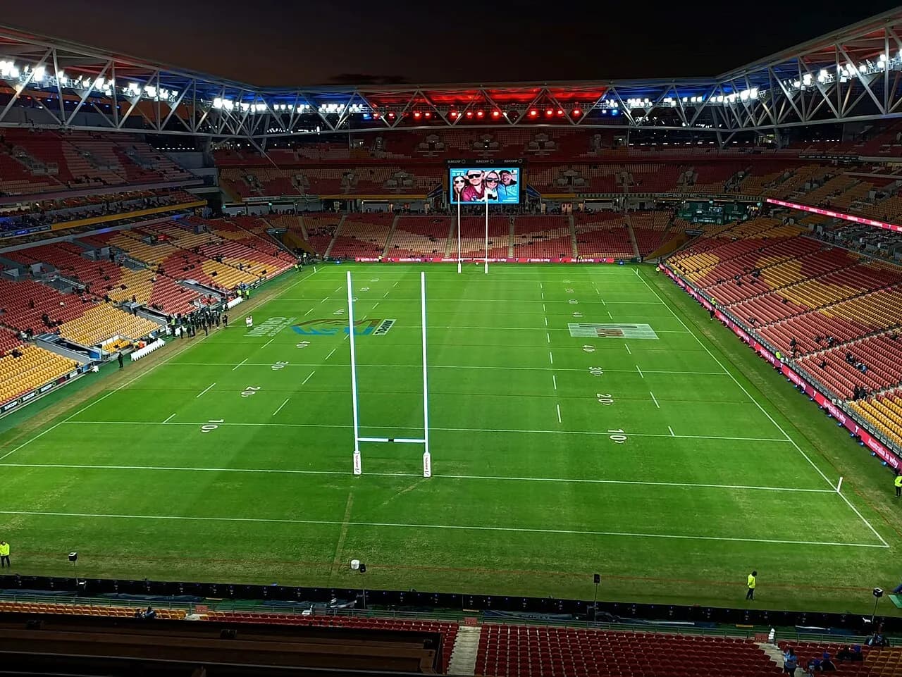 Interior view of Suncorp Stadium in Brisbane, looking across the field toward the north stands.