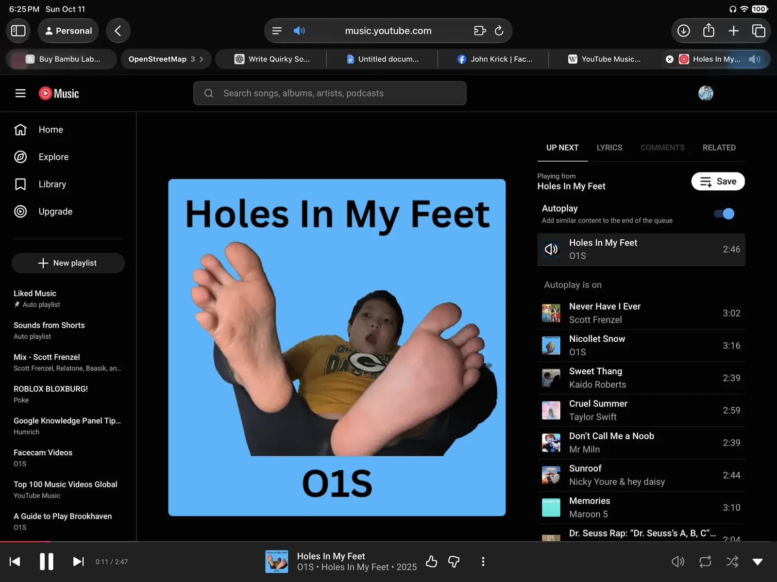 YouTube Music player screen showing the song Holes In My Feet by O1S.