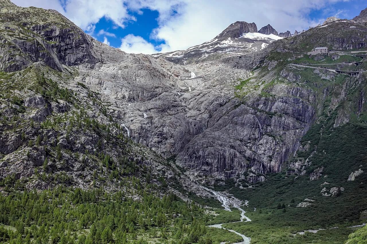 The Rhône Glacier and exposed rocky terrain near Obergoms, Switzerland, in 2014