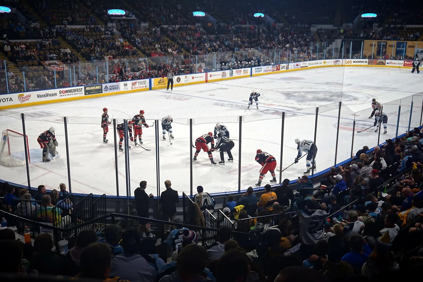 Players from the Grand Rapids Griffins and Milwaukee Admirals gather for a face-off on the ice.