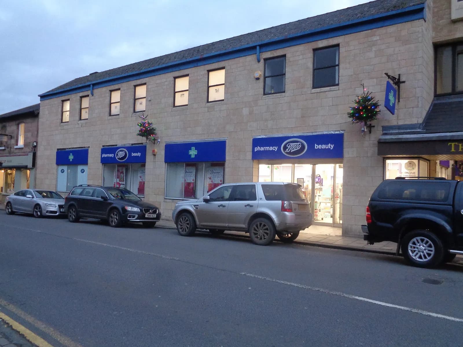Exterior of a Boots the Chemist store at the Horsefair Centre in Wetherby, West Yorkshire.