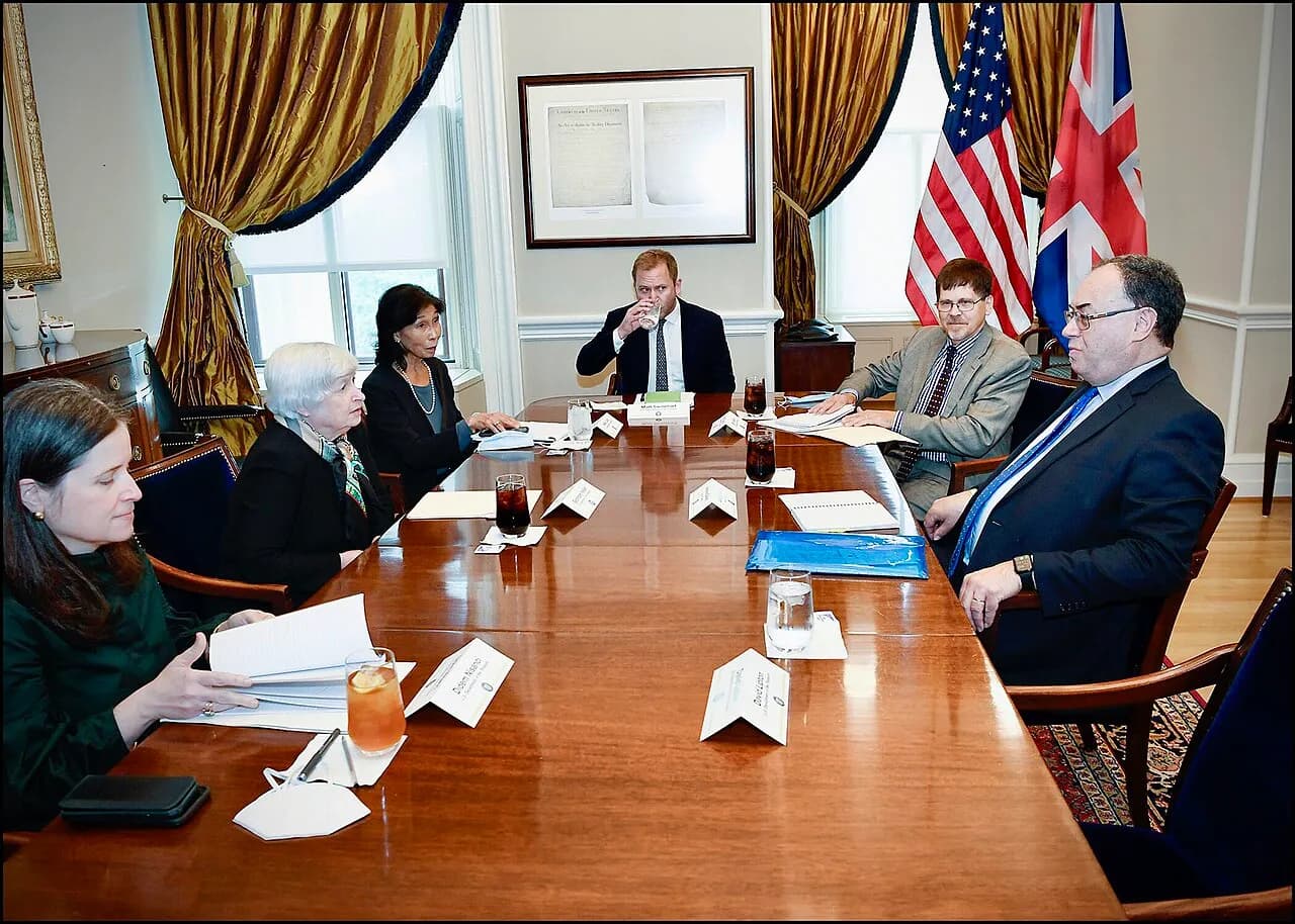 Janet Yellen and Andrew Bailey together at the 2021 IMF annual meetings