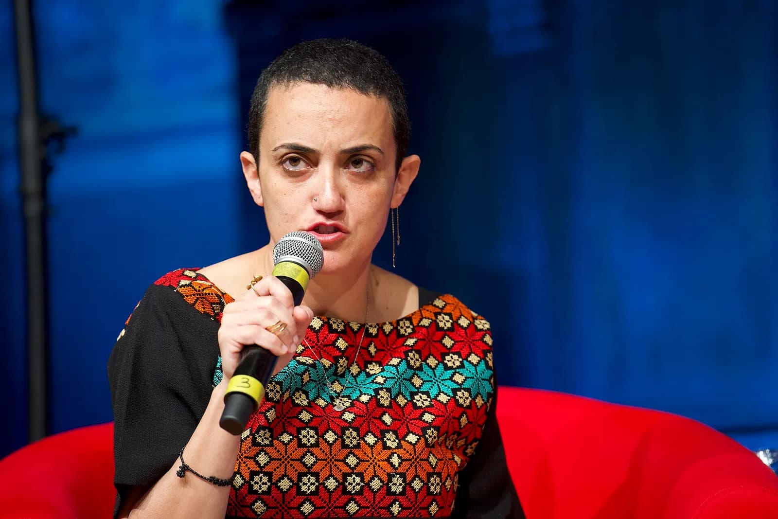 Lina Attalah speaks during a panel at the International Journalism Festival in Perugia.