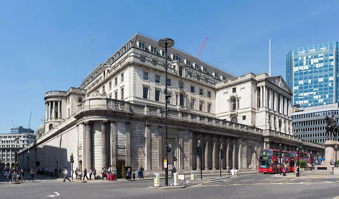 Exterior of the Bank of England building in London, viewed from Lombard Street