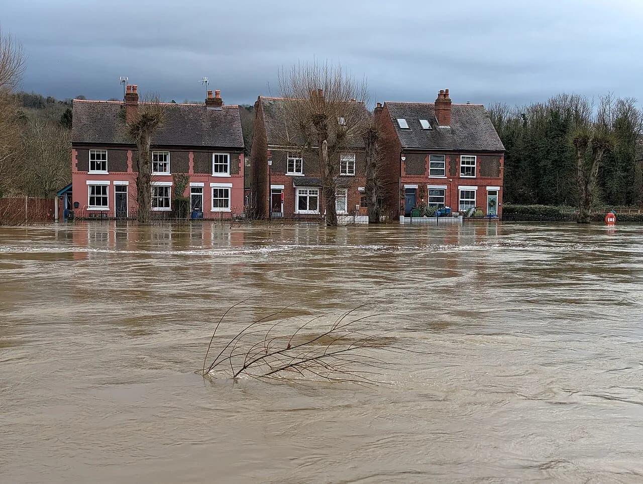Floodwater reaches the front doors of houses beside the River Severn in Bridgnorth.
