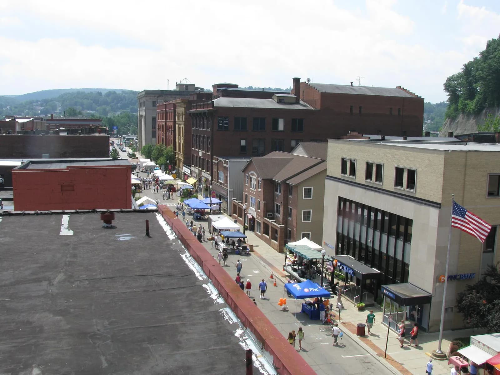 Overhead view of buildings in Oil City’s Downtown Commercial Historic District in Pennsylvania.