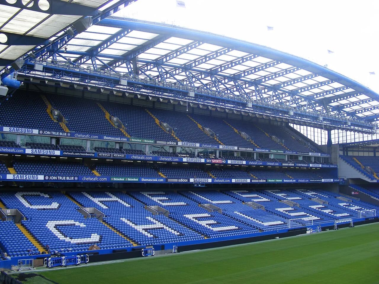 View of the stands and pitch at Stamford Bridge in London