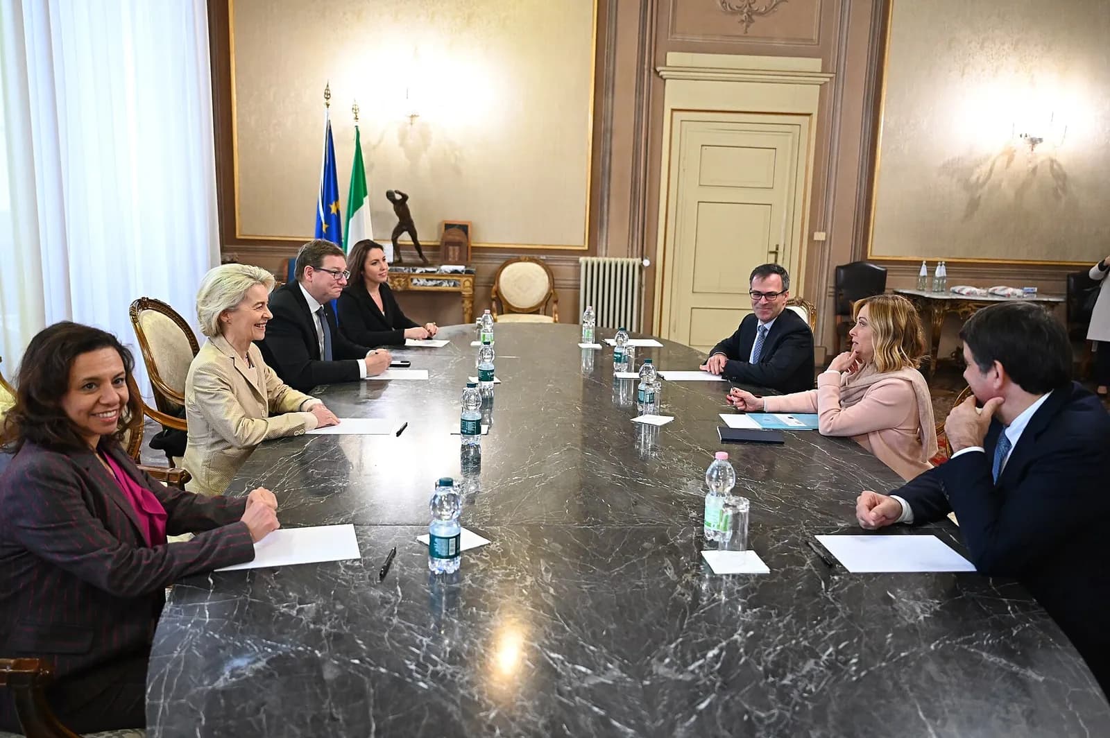 Giorgia Meloni attends a meeting with Ursula von der Leyen and other officials in Forlì.