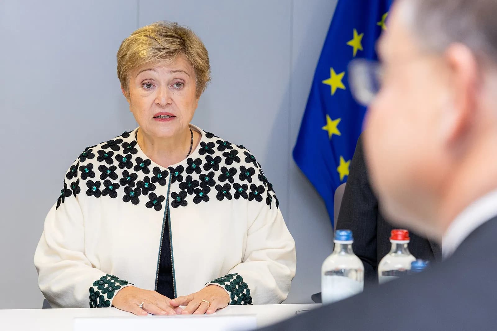 Kristalina Georgieva seated at a meeting with an EU flag behind her
