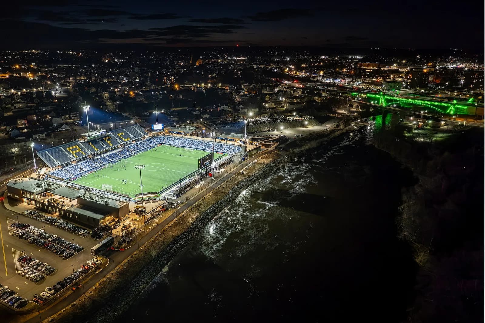 Aerial view of Centreville Bank Stadium at night in Pawtucket, Rhode Island.
