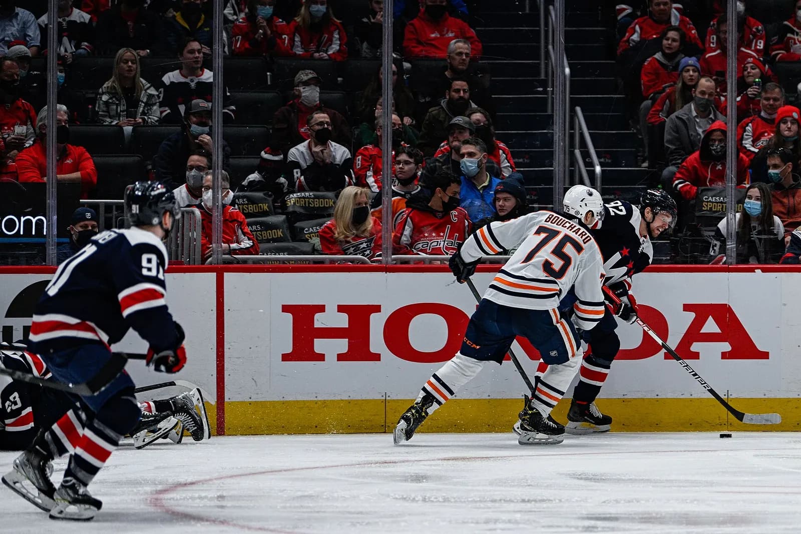 Edmonton Oilers player Evan Bouchard on the ice during a game against the Washington Capitals.