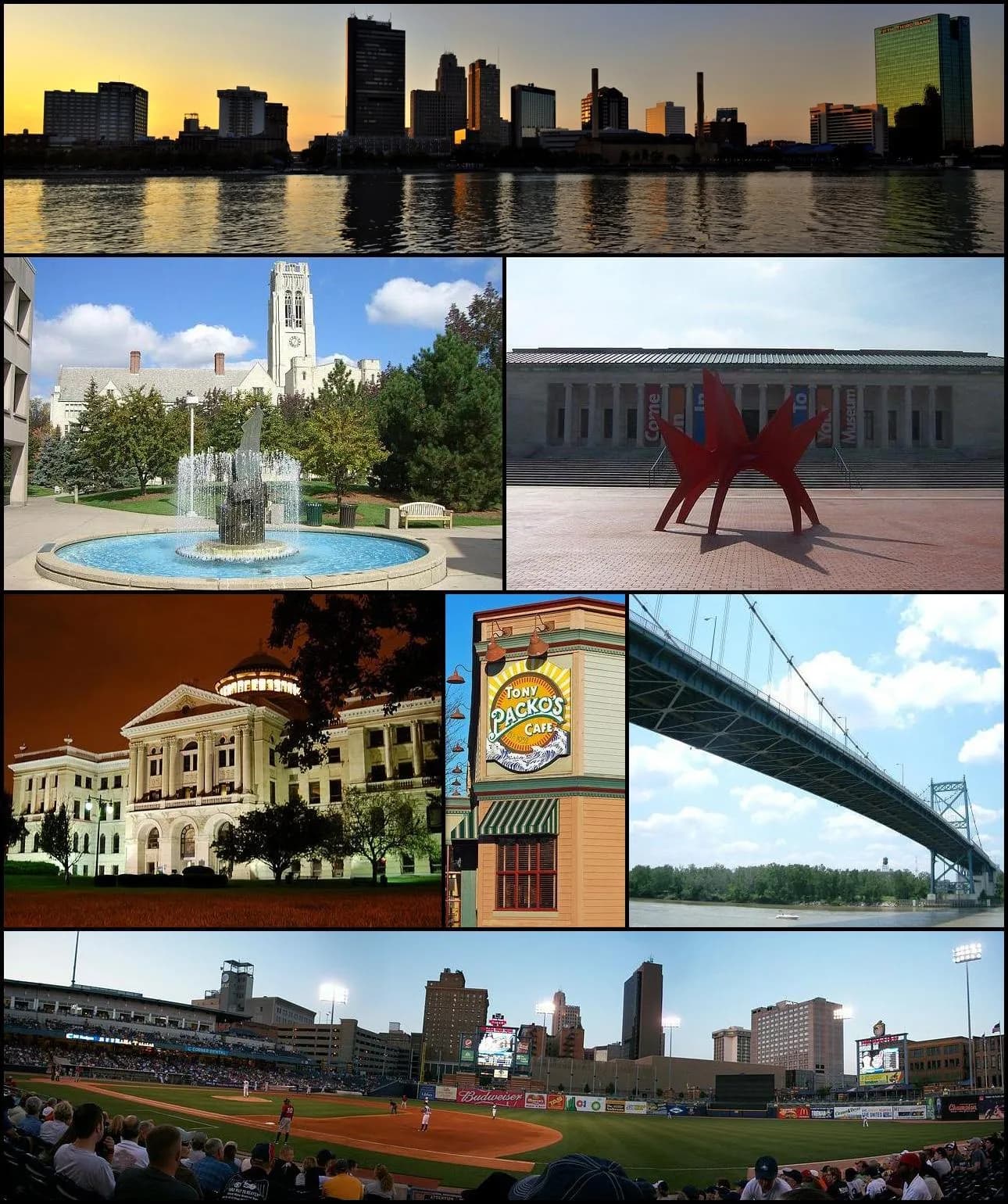 Montage showing Toledo skyline and landmarks, including the University of Toledo, Toledo Museum of Art, Lucas County Courthouse, Anthony Wayne Bridge and Fifth Third Field.