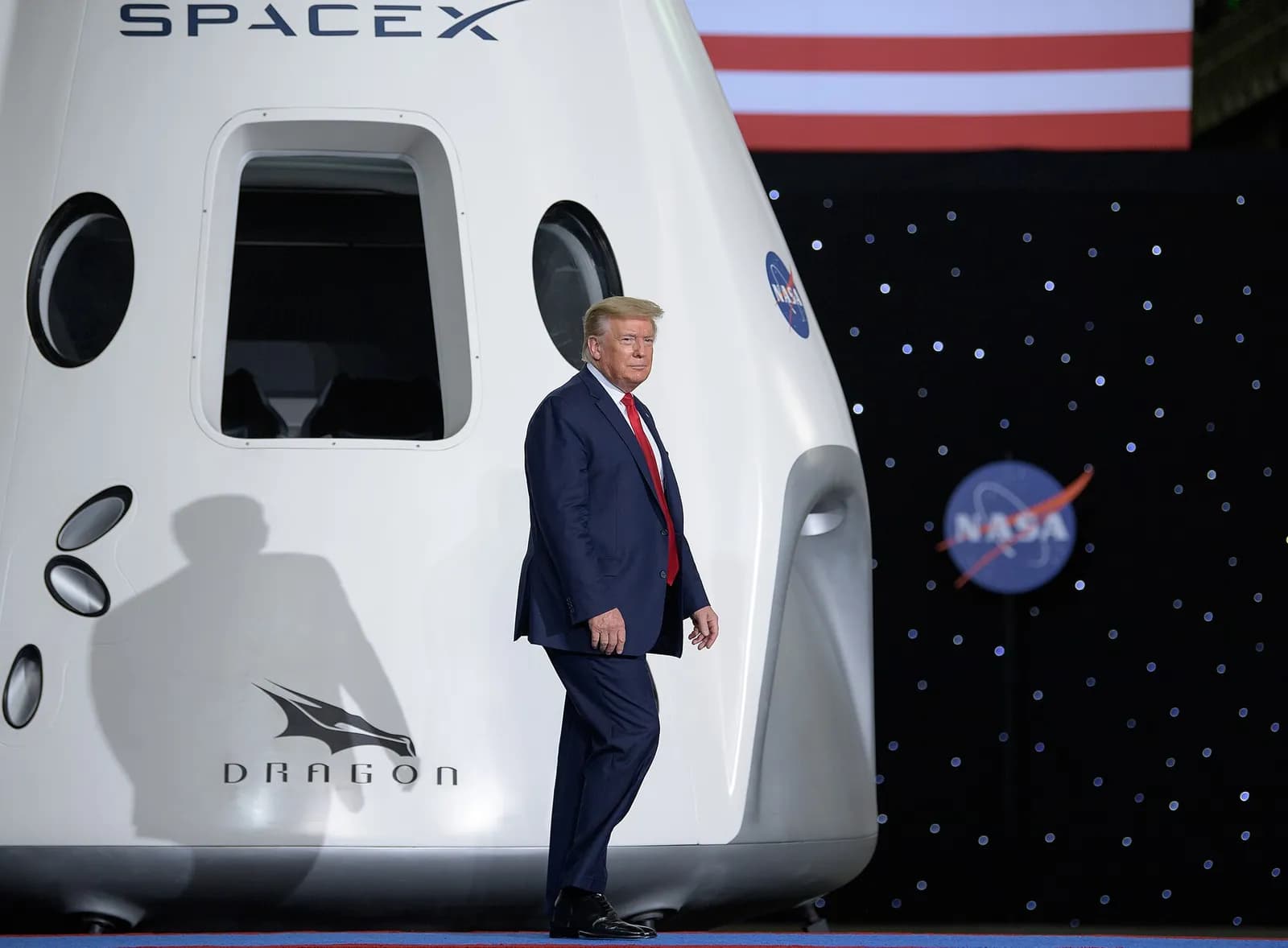Donald Trump speaks inside the Vehicle Assembly Building at Kennedy Space Center.