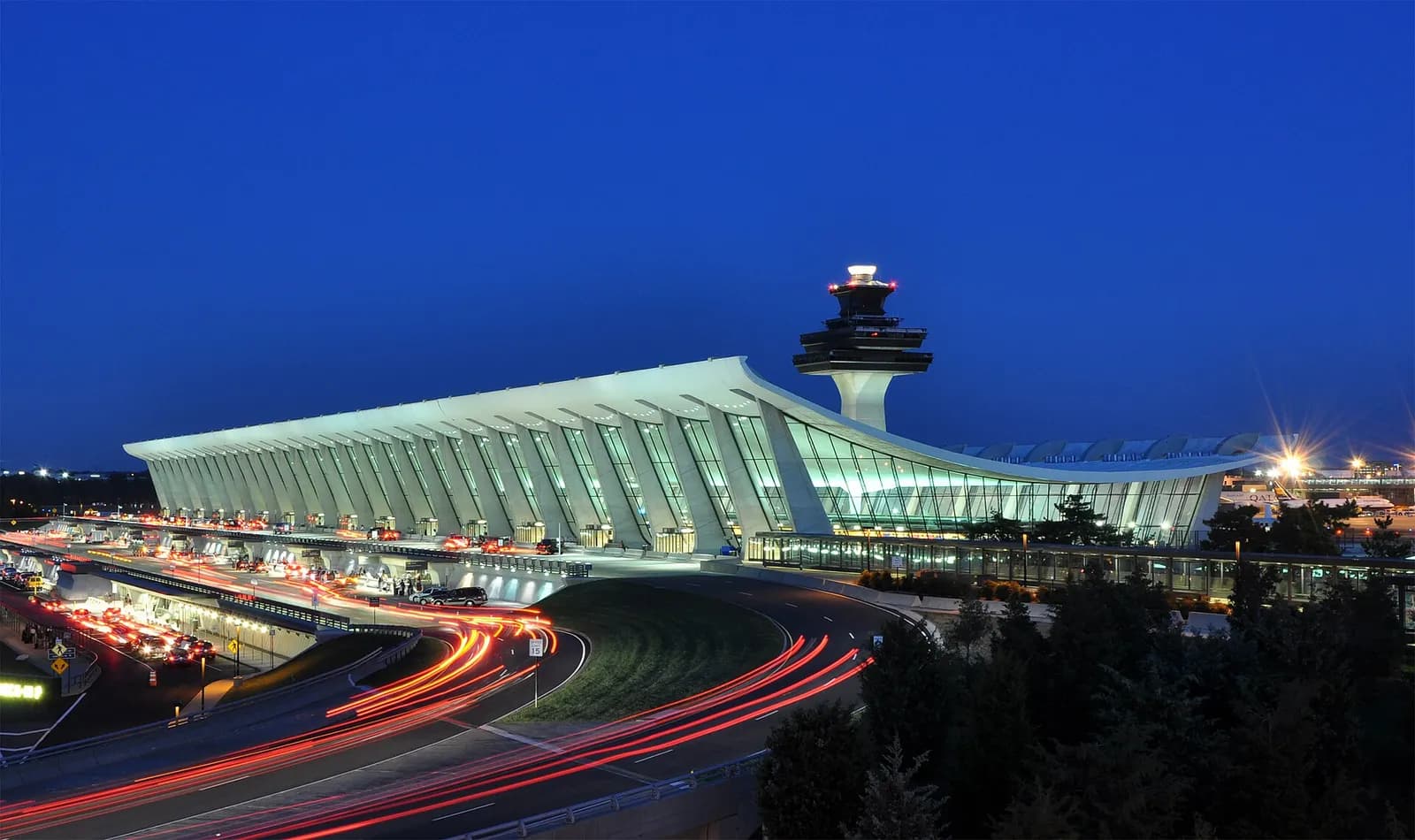 The main terminal at Washington Dulles International Airport at dusk.