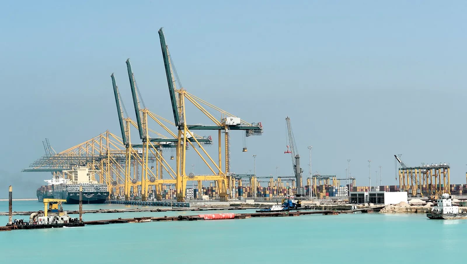 View of King Abdullah Port, with port facilities and water.