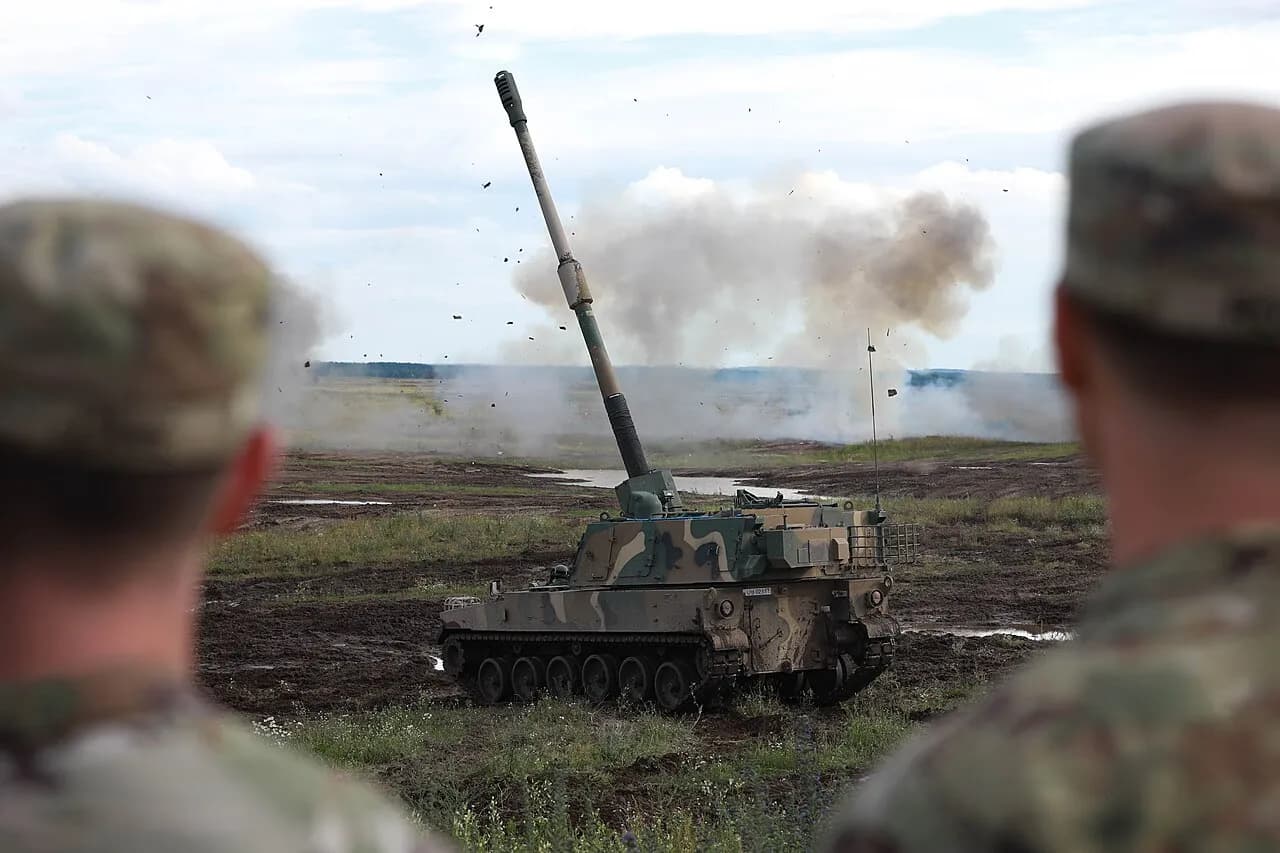 Polish K9 Thunder artillery vehicle during a military demonstration at Bemowo Piskie, Poland, in July 2025