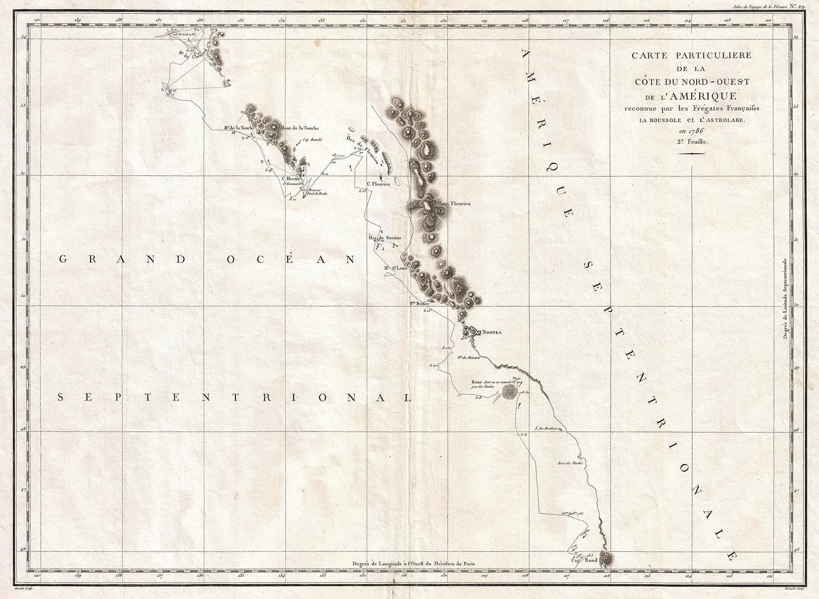 Historical map charting Vancouver Island and the coast of British Columbia north to Haida Gwaii.
