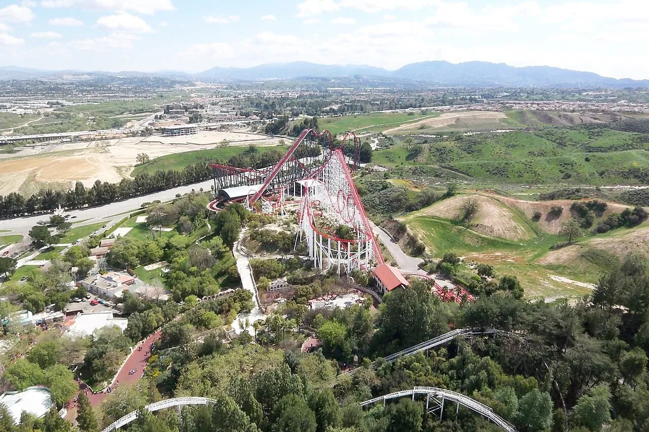 X2 and Viper roller coasters at Six Flags Magic Mountain, viewed from the Sky Tower in 2008