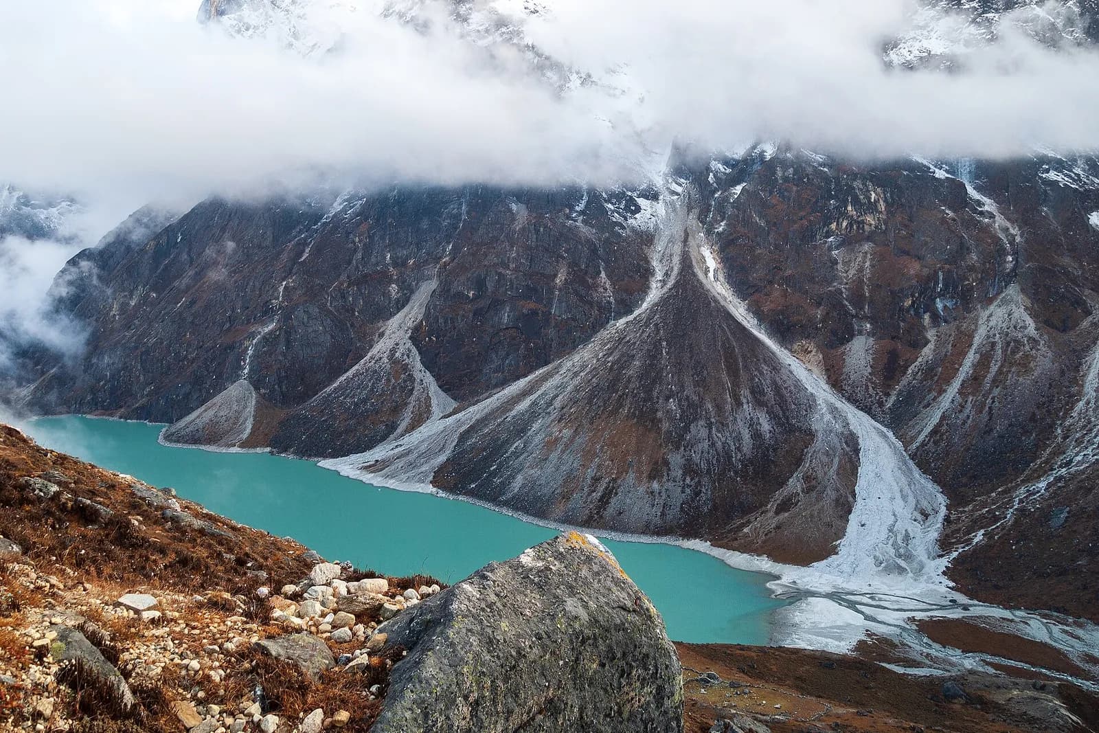 A glacial lake below the Cholatse-Taboche massif, with moraines and alluvial fans in Nepal’s Chola Valley.