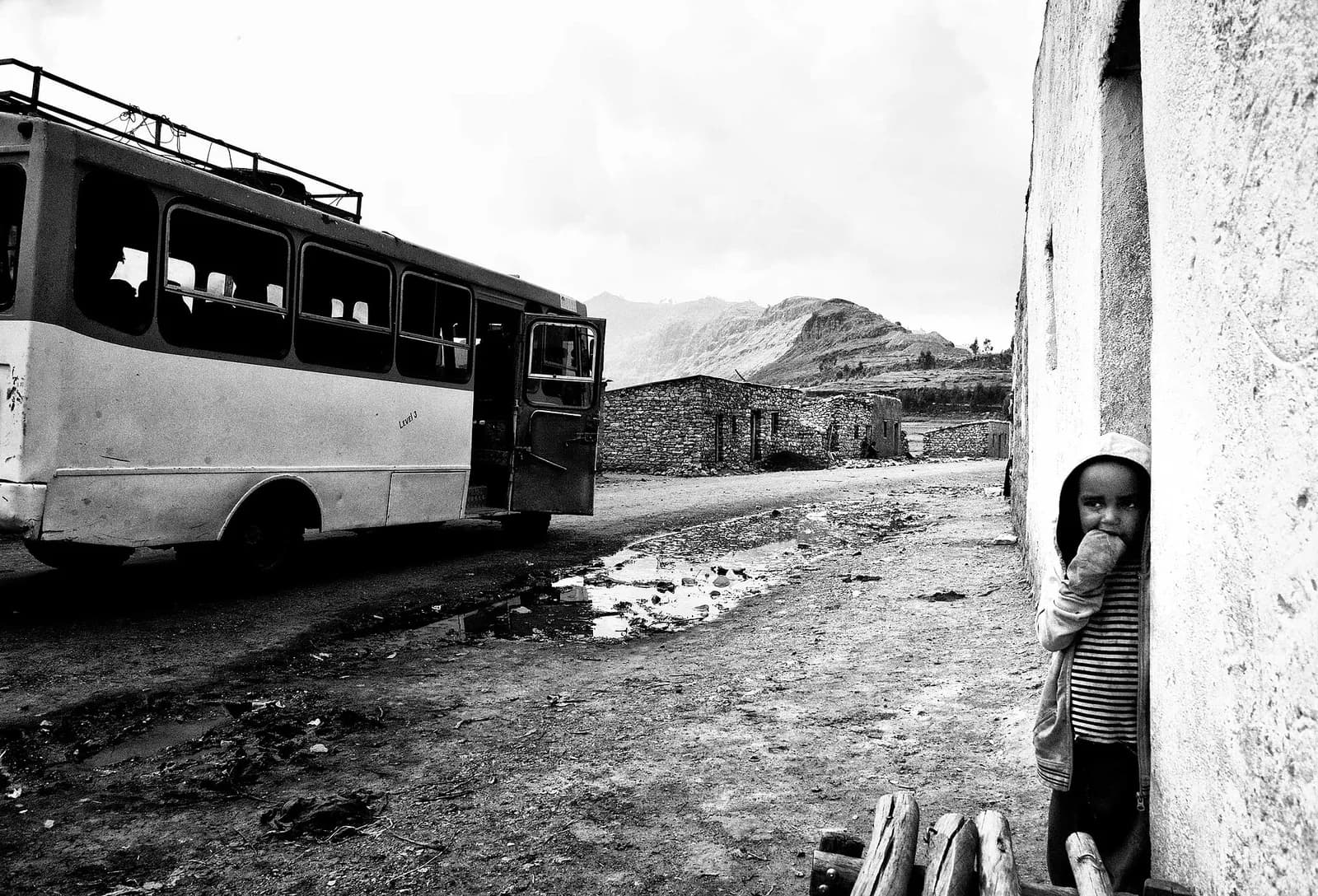 A bus on a street in Adigrat, Tigray, Ethiopia.