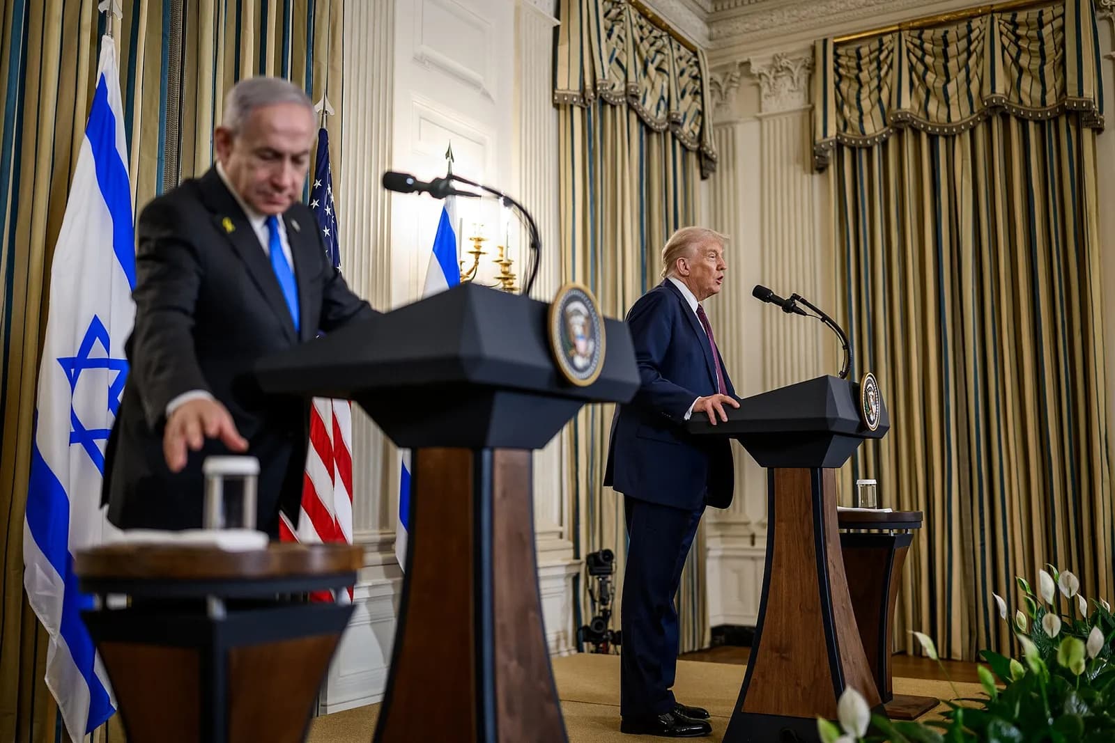 US President Donald Trump and Israeli Prime Minister Benjamin Netanyahu at a White House press conference.