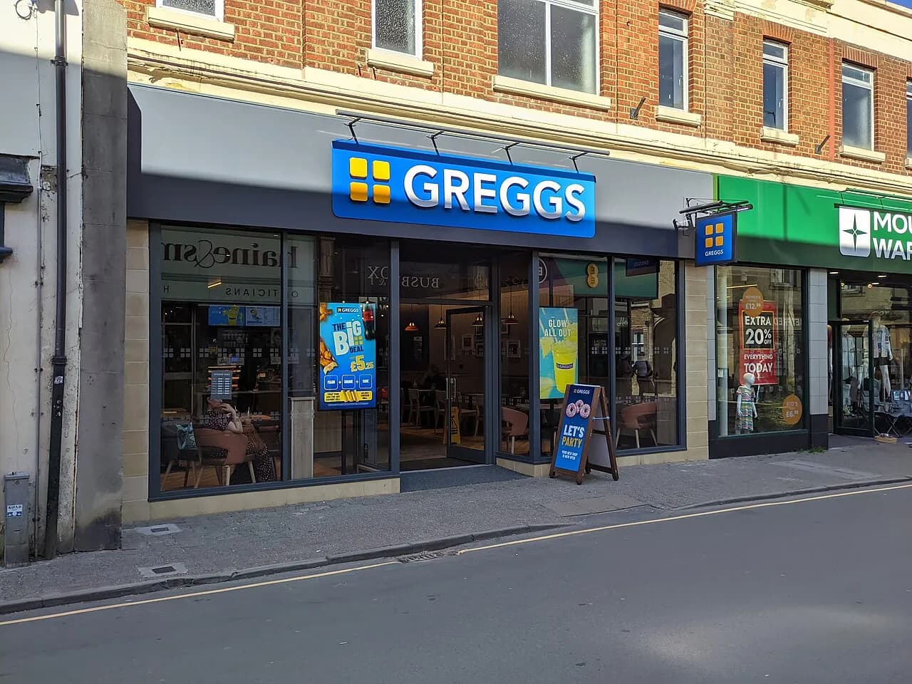 Greggs bakery and cafe shopfront on Cricklade Street in Cirencester