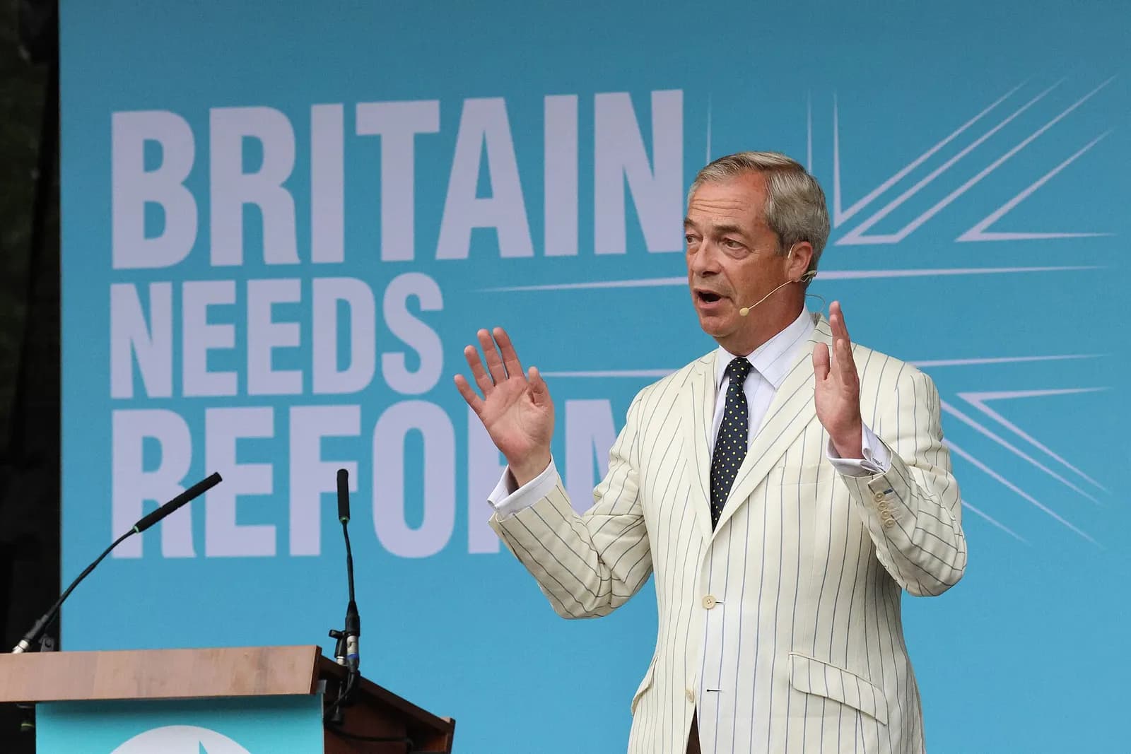 Nigel Farage addresses a Reform UK rally at Trago Mills, Devon.