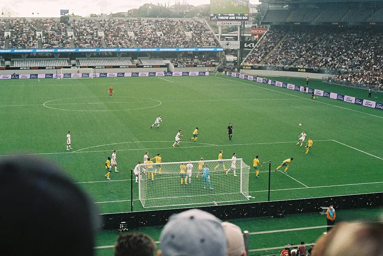 Australia and New Zealand playing football at Eden Park in 2022