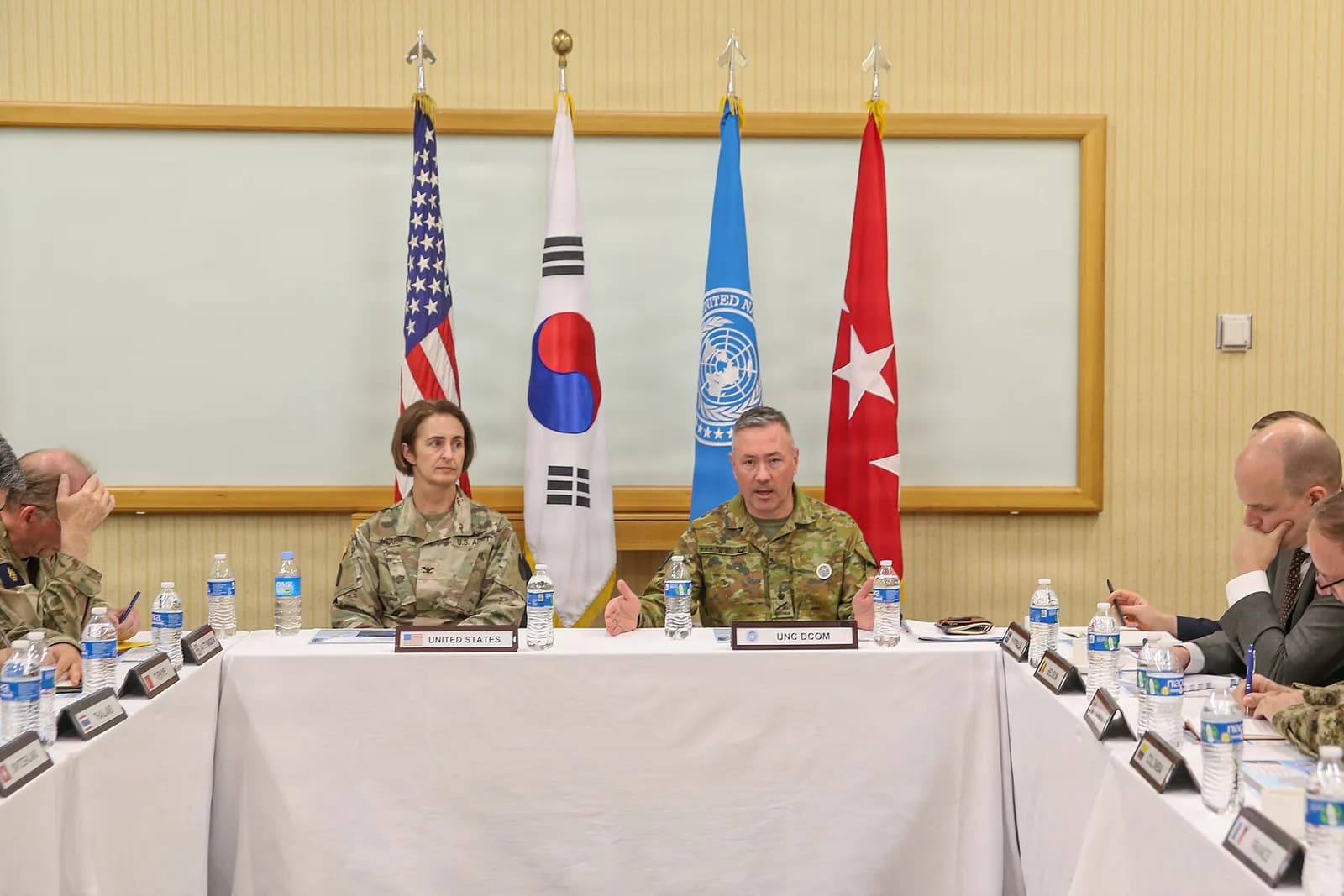 Lt. Gen. Scott Winter hosts defense attaches at the UNC Ambassadors Roundtable in Seoul.