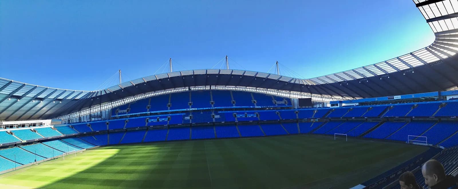 The pitch and seating inside Etihad Stadium in Manchester.