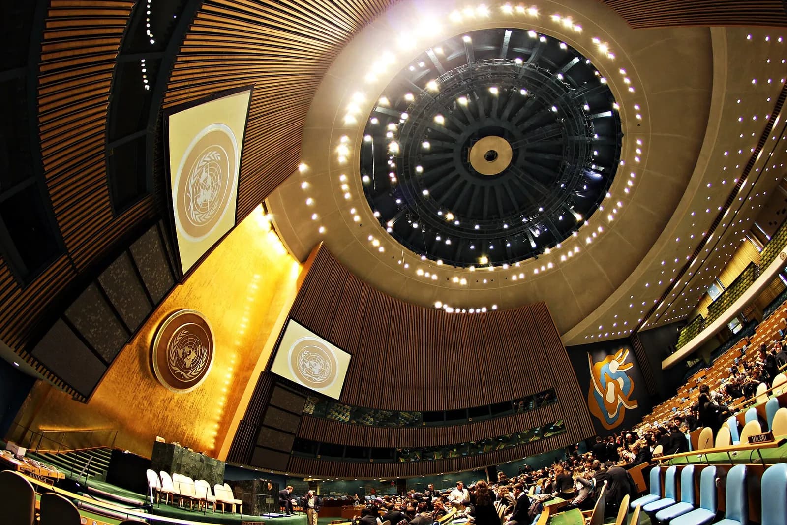 The United Nations General Assembly Hall at United Nations Headquarters in New York, viewed from the seating area toward the dais.
