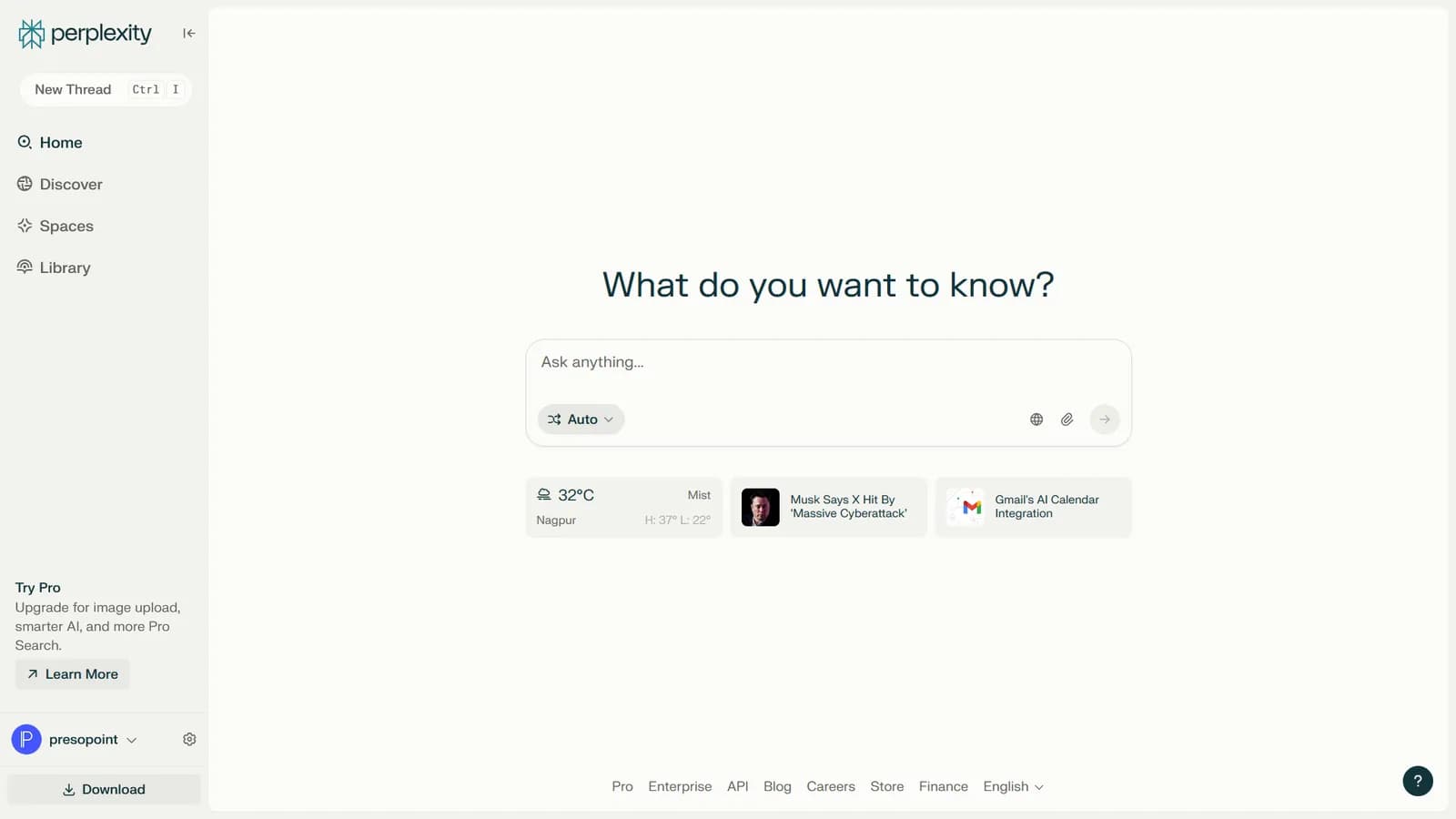 Screenshot of Perplexity’s AI homepage