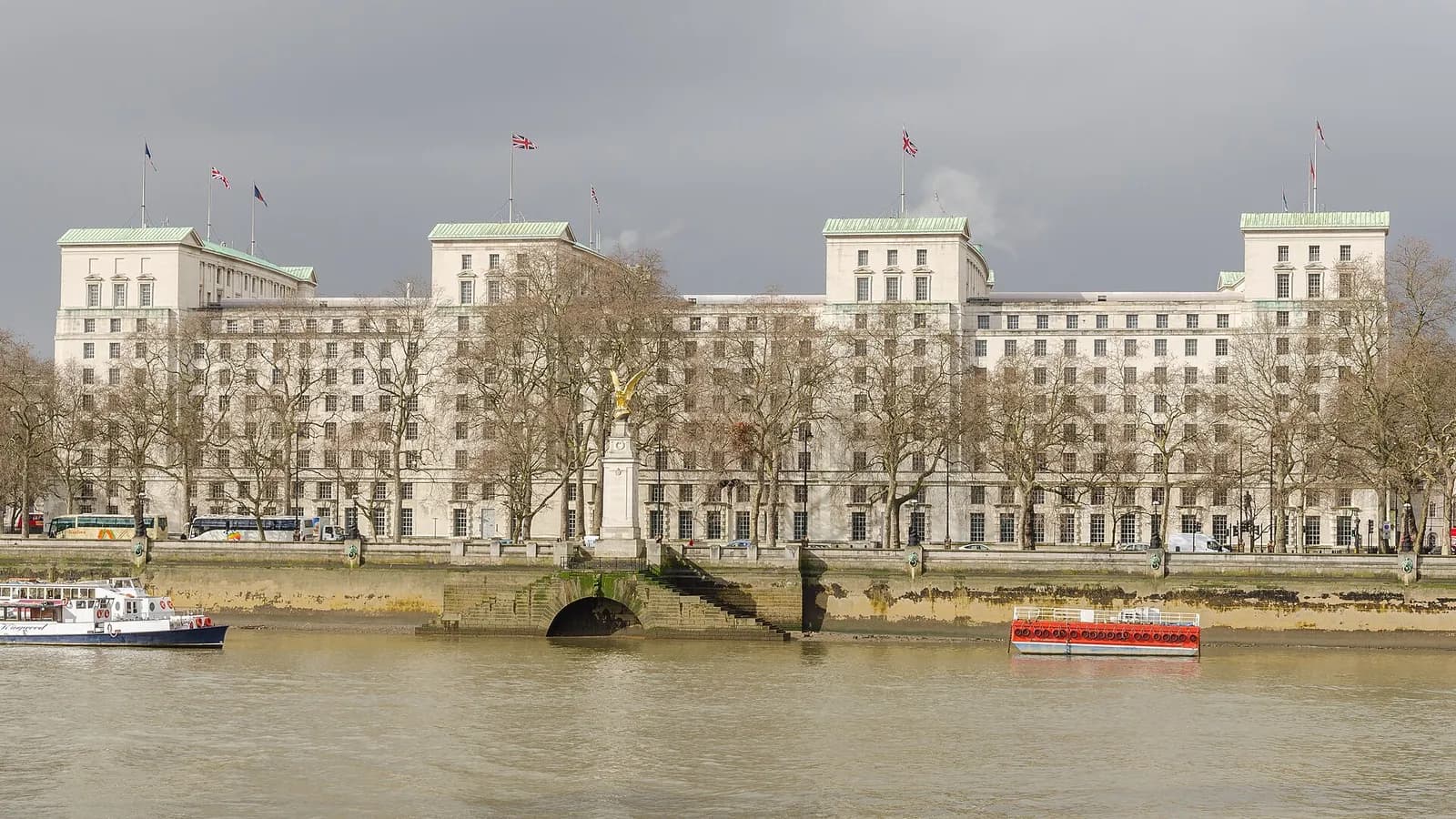 The Ministry of Defence Main Building in London, seen from across the River Thames.